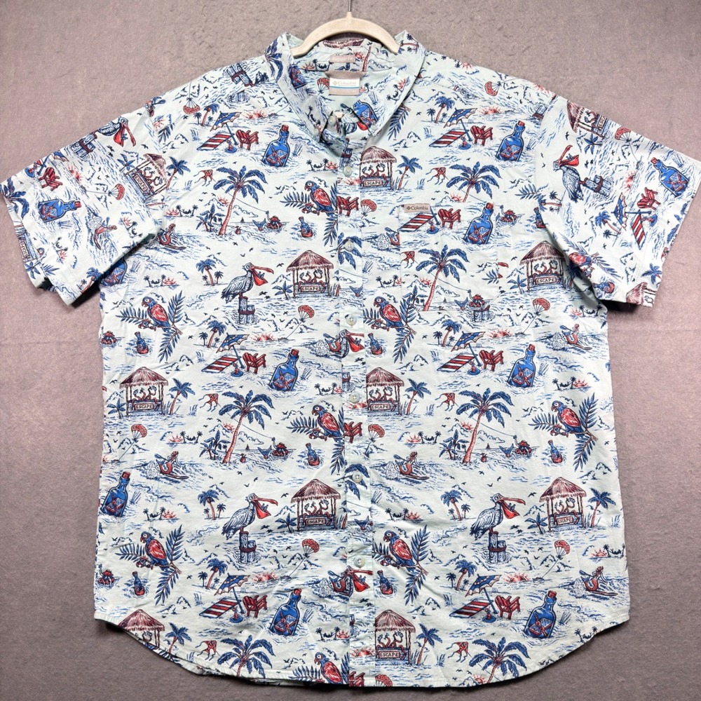 Columbia Mens XL Regular Fit Tropical Beach Parrot Print Short Sleeve Shirt Blue